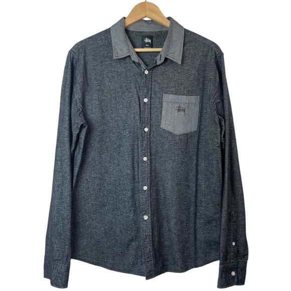 Stussy Men's Button Front Long Sleeve Textured Cotton Skater Shirt Size Large